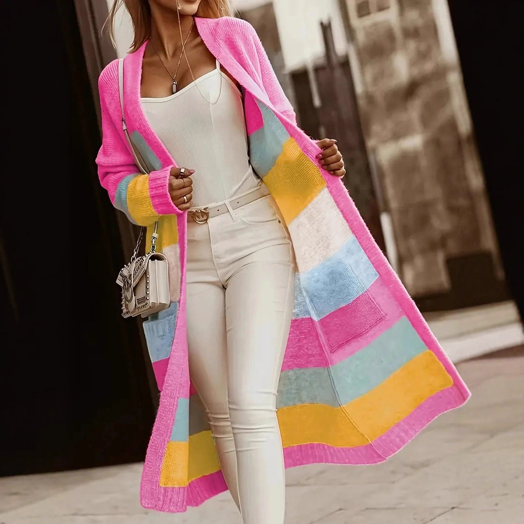 Contrast Color Rainbow Striped Casual Loose Sweater