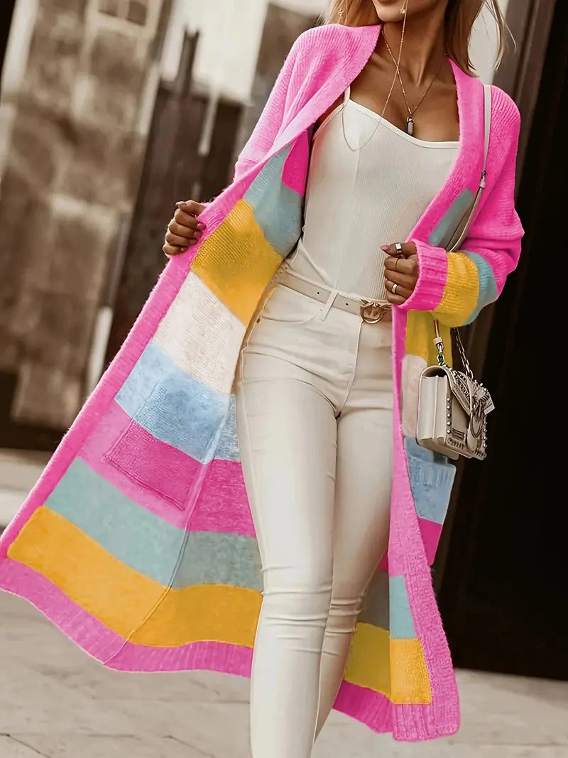 Contrast Color Rainbow Striped Casual Loose Sweater