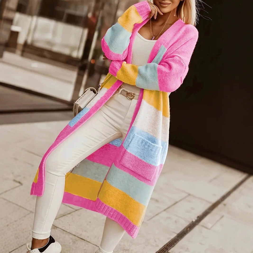Contrast Color Rainbow Striped Casual Loose Sweater