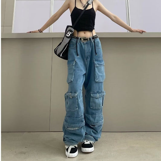 High Waist Trousers Street Hipster Multi-pocket Wide Leg Tie-dyed Jeans