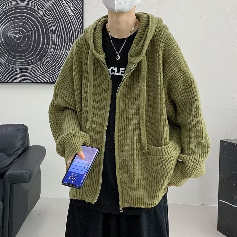 Men's Clothing High Sense New Autumn Hong Kong Style Trendy Hooded Knit Cardigan Coat