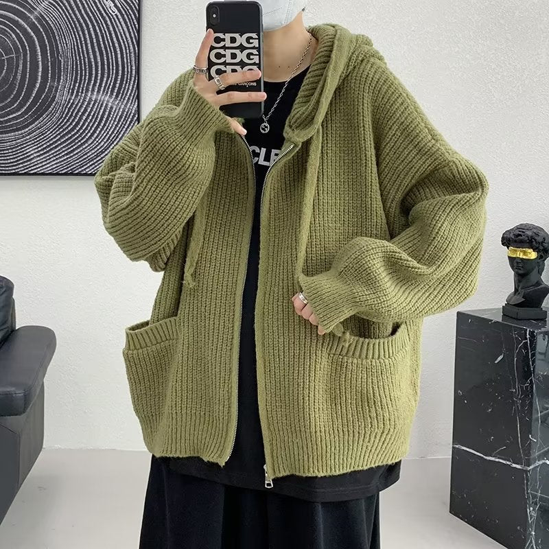 Men's Clothing High Sense New Autumn Hong Kong Style Trendy Hooded Knit Cardigan Coat