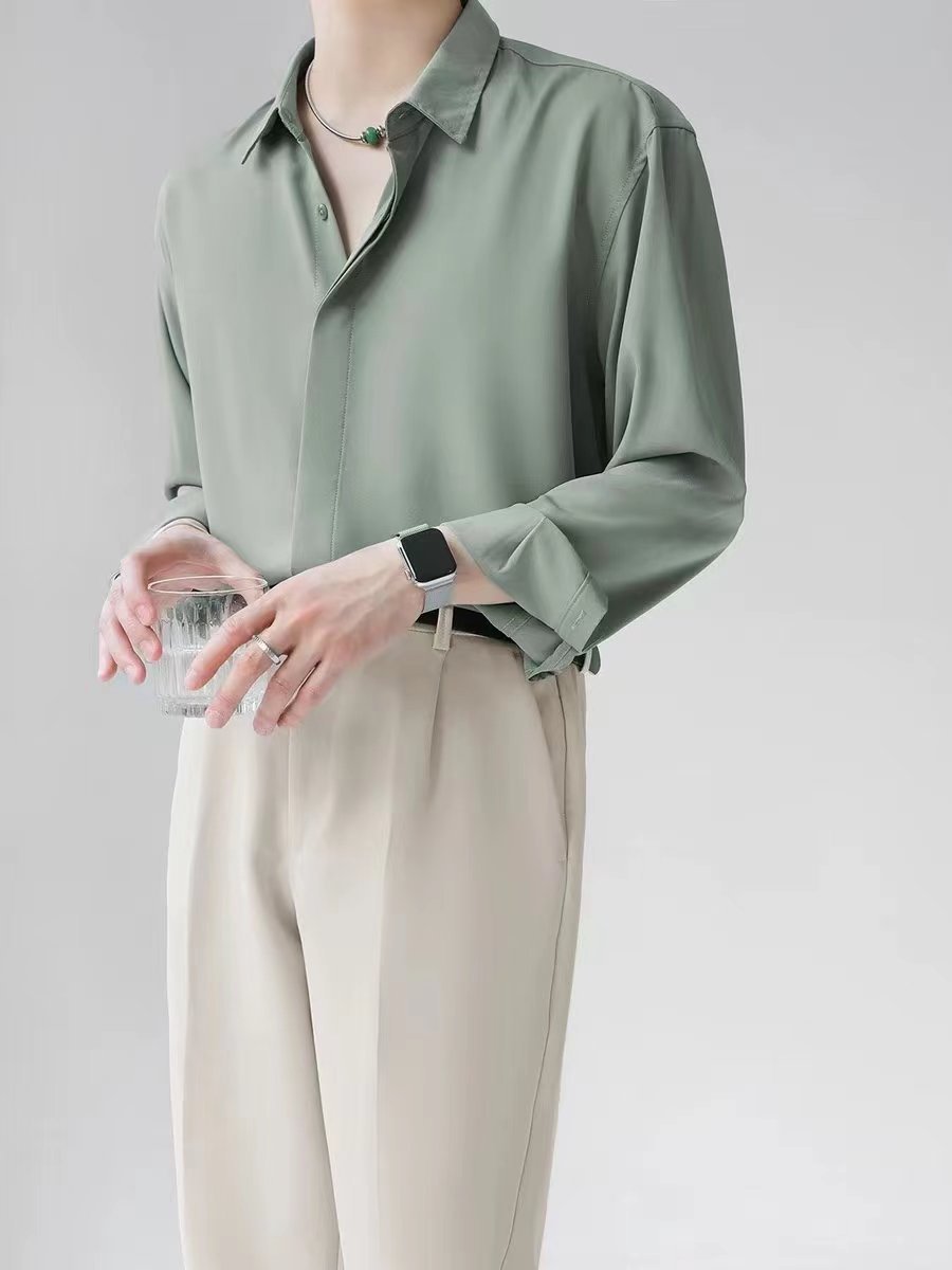 Men's Ice Silk Drape Long Sleeved Loose Casual Shirt