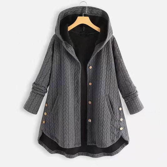 Fashion New Solid Color Hooded Single-breasted Women's Cotton Jacket Mid-length Irregular