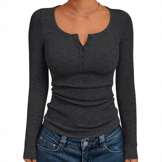 Women's Solid Color Buttons Long-sleeved T-shirt Thread Knitted Top