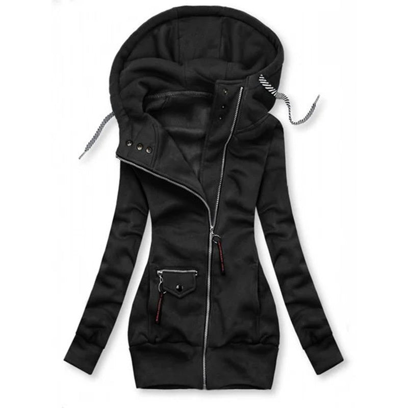 Women's Solid Color Long Sleeve Zip-Front Drawstring Hooded Jacket With Pockets Slim Fit Pleated Detail Top For Spring&Fall