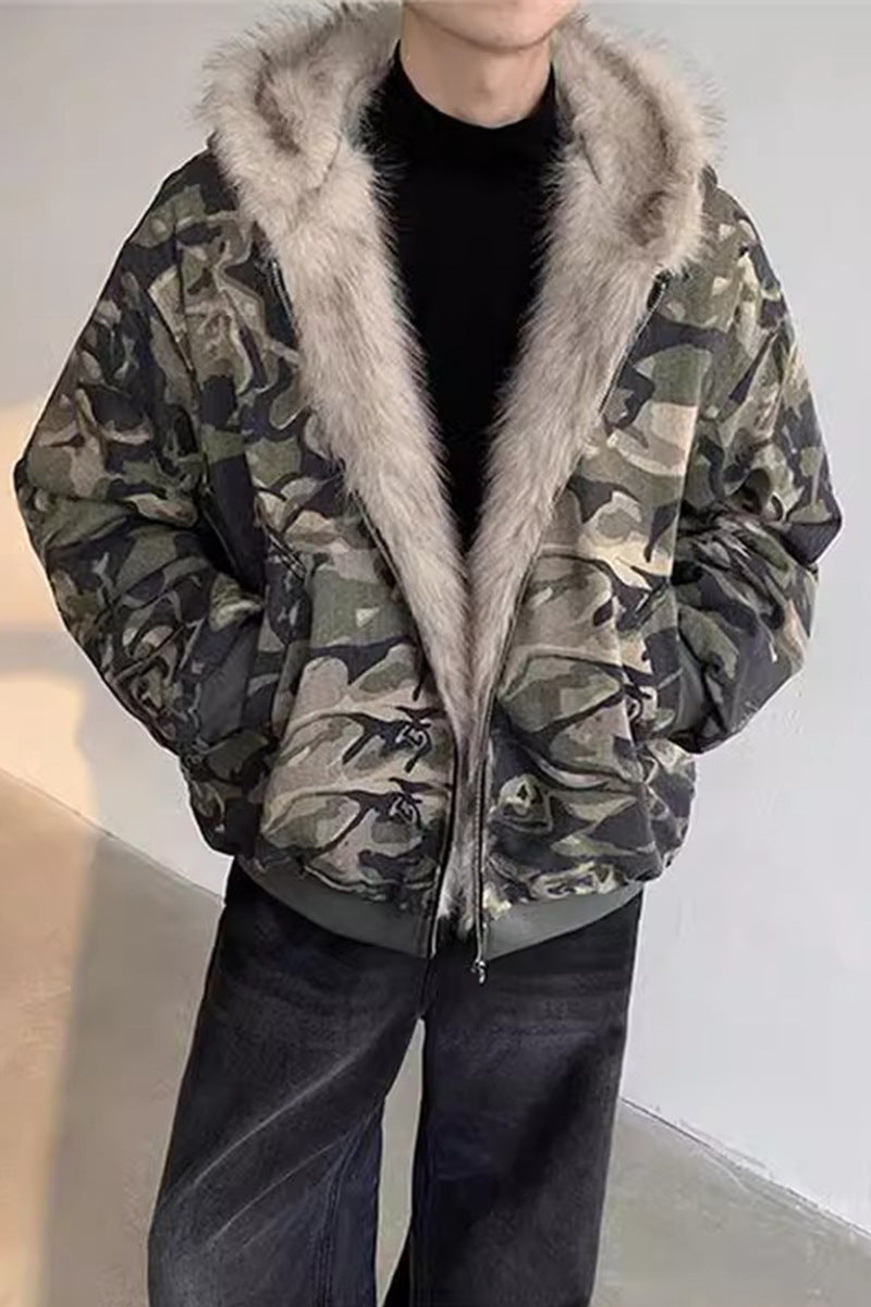 Retro Washed Camouflage Fur Collar Hood Jacket Thickened Coat