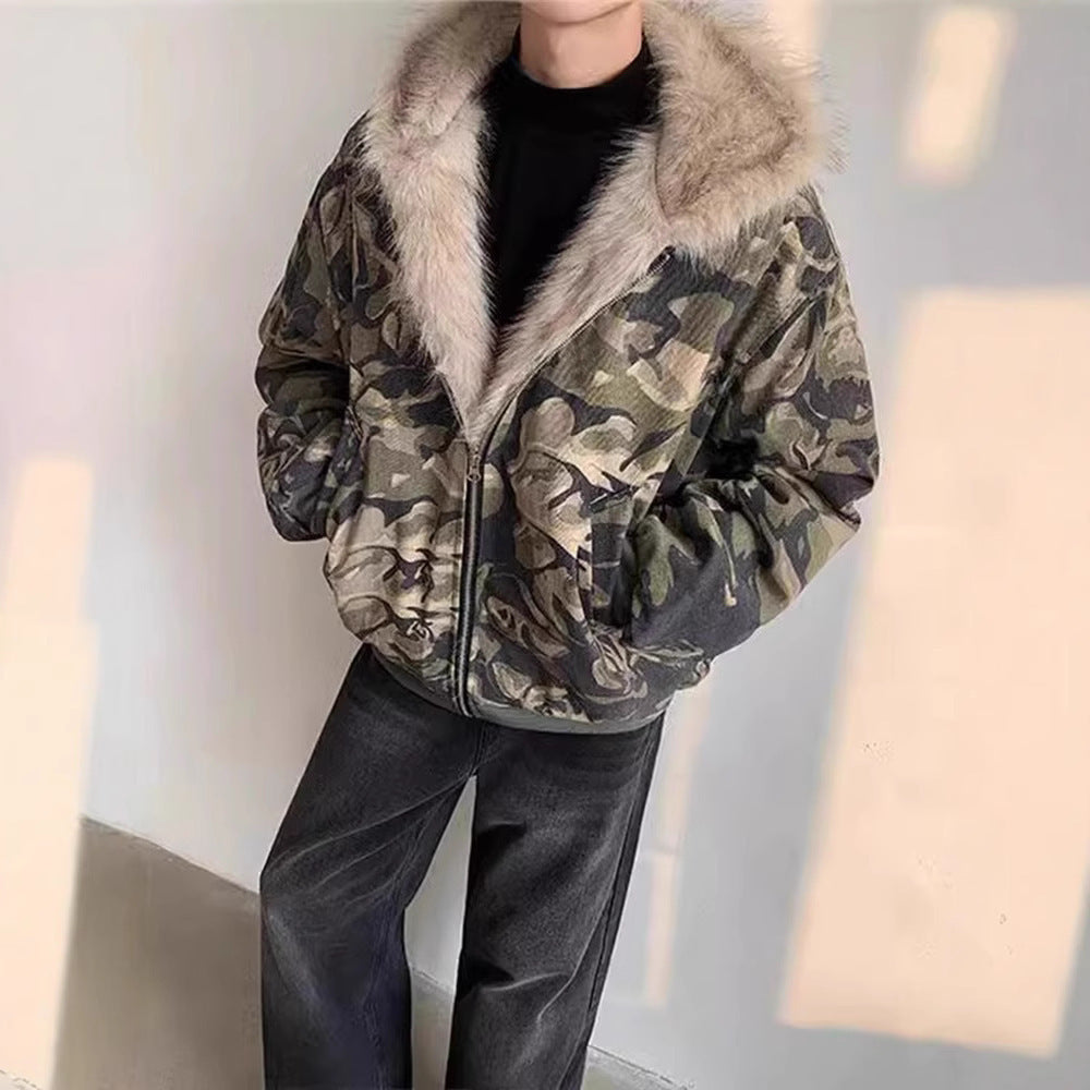 Retro Washed Camouflage Fur Collar Hood Jacket Thickened Coat