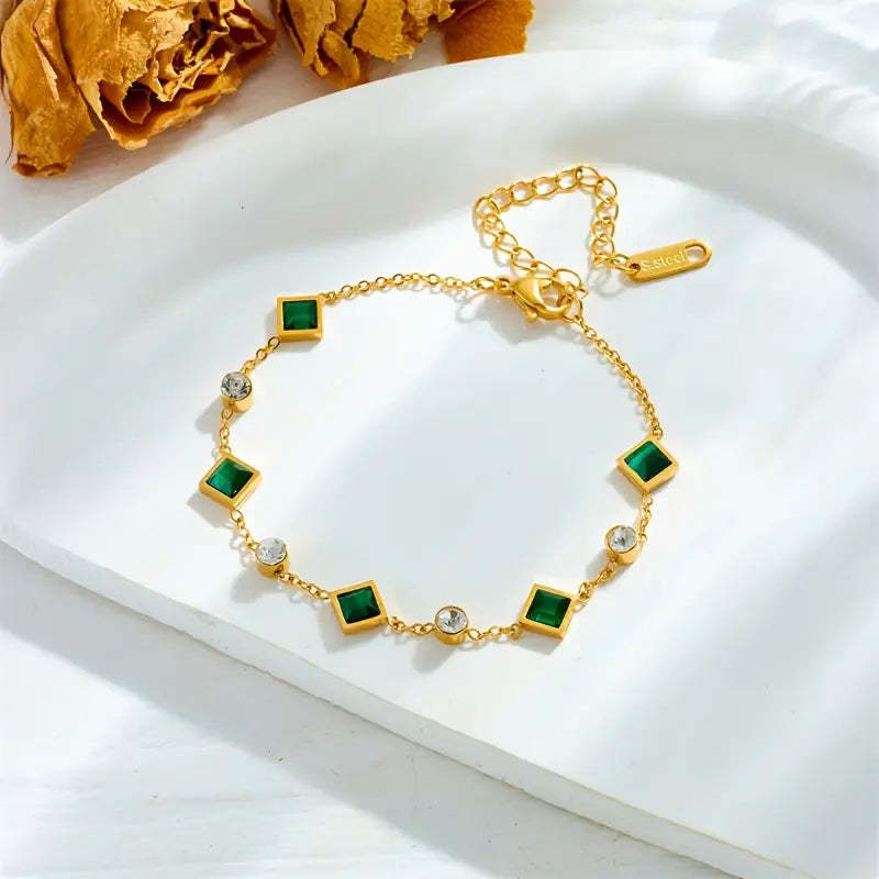 Fashion Gold-plated Titanium Steel Square Emerald Inlaid Rhinestone Bracelet