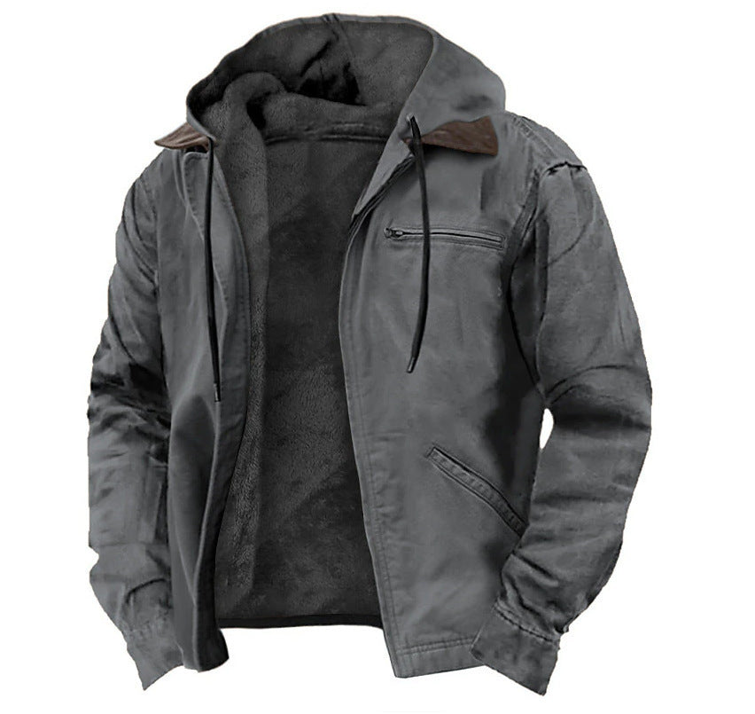 Solid Color Hooded Casual Men's Fleece Zipper Pocket Jacket Coat