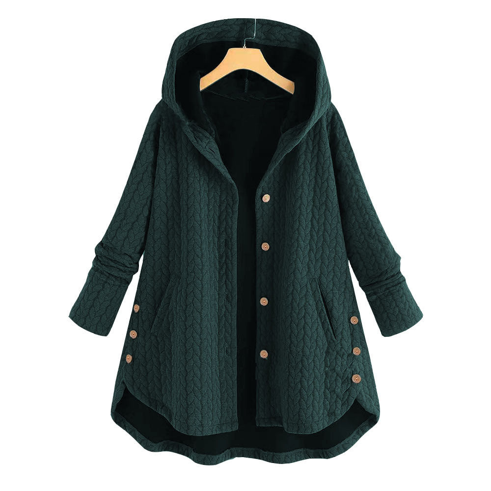 Fashion New Solid Color Hooded Single-breasted Women's Cotton Jacket Mid-length Irregular