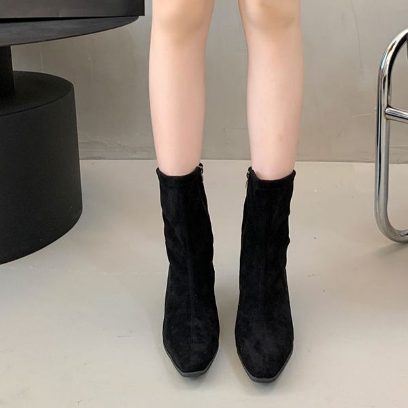 Square Toe High Heel Middle Boots Side Zipper Retro Kitten Heel Booties