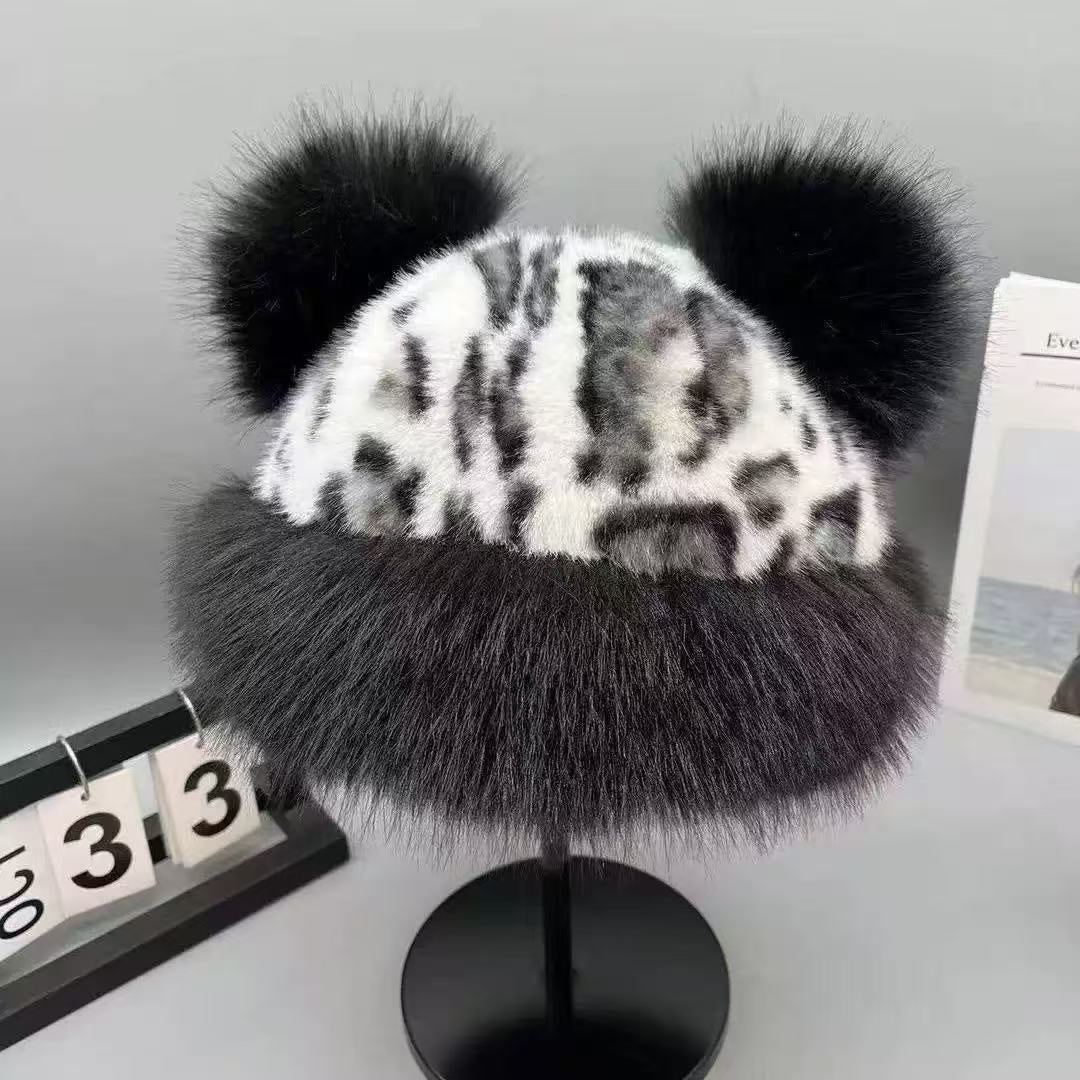 Leopard Pattern Bear Ear Thick Windproof Warm Fisherman Hat