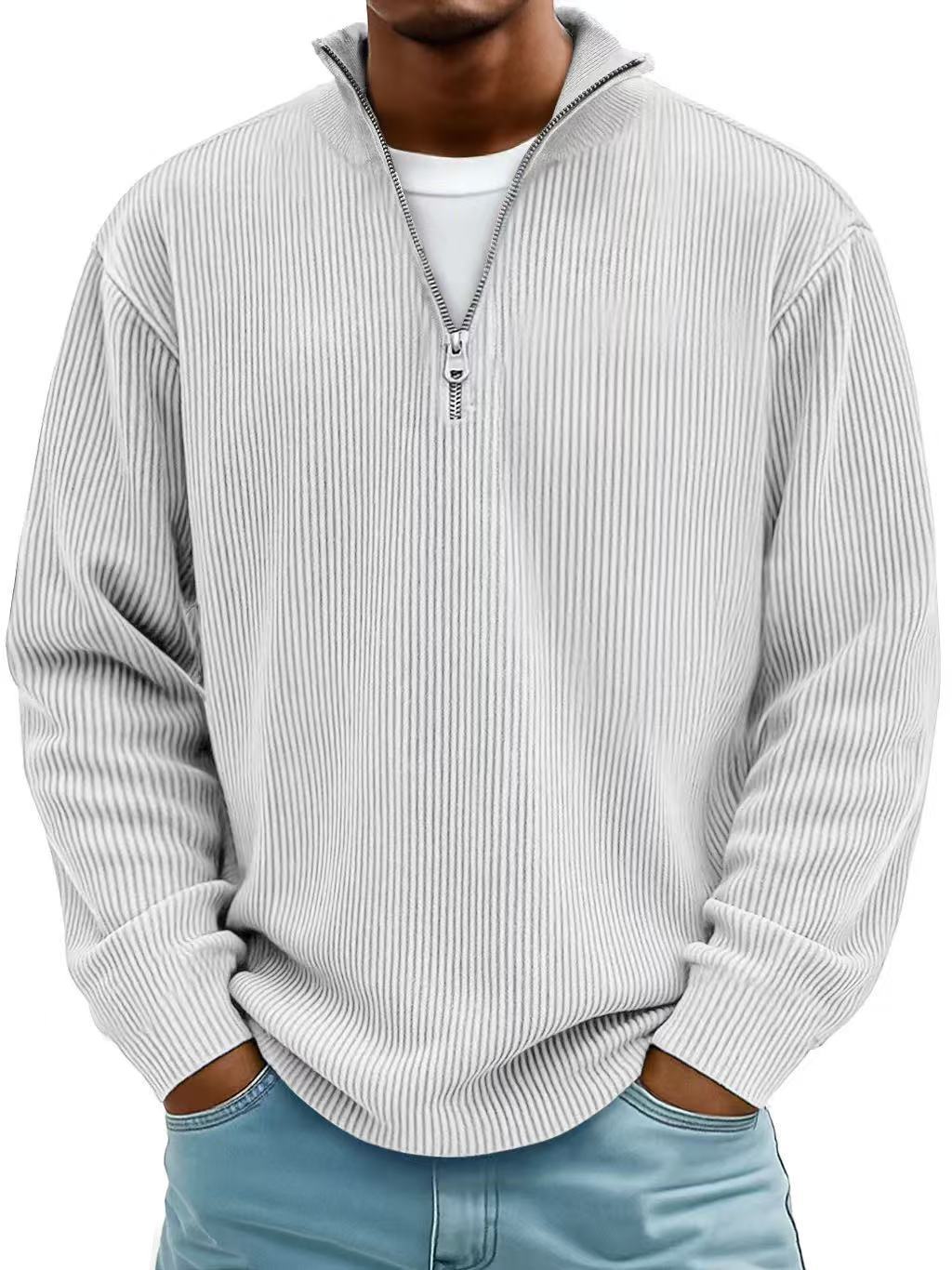 Casual Ribbed Stand Collar Zipper Corduroy Long Sleeve