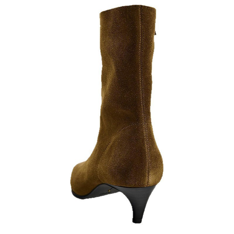 Square Toe High Heel Middle Boots Side Zipper Retro Kitten Heel Booties