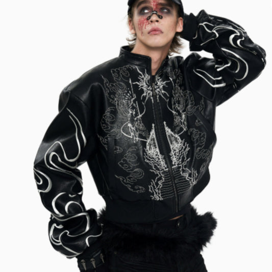 Design Back Embroidery Short Leather Coat