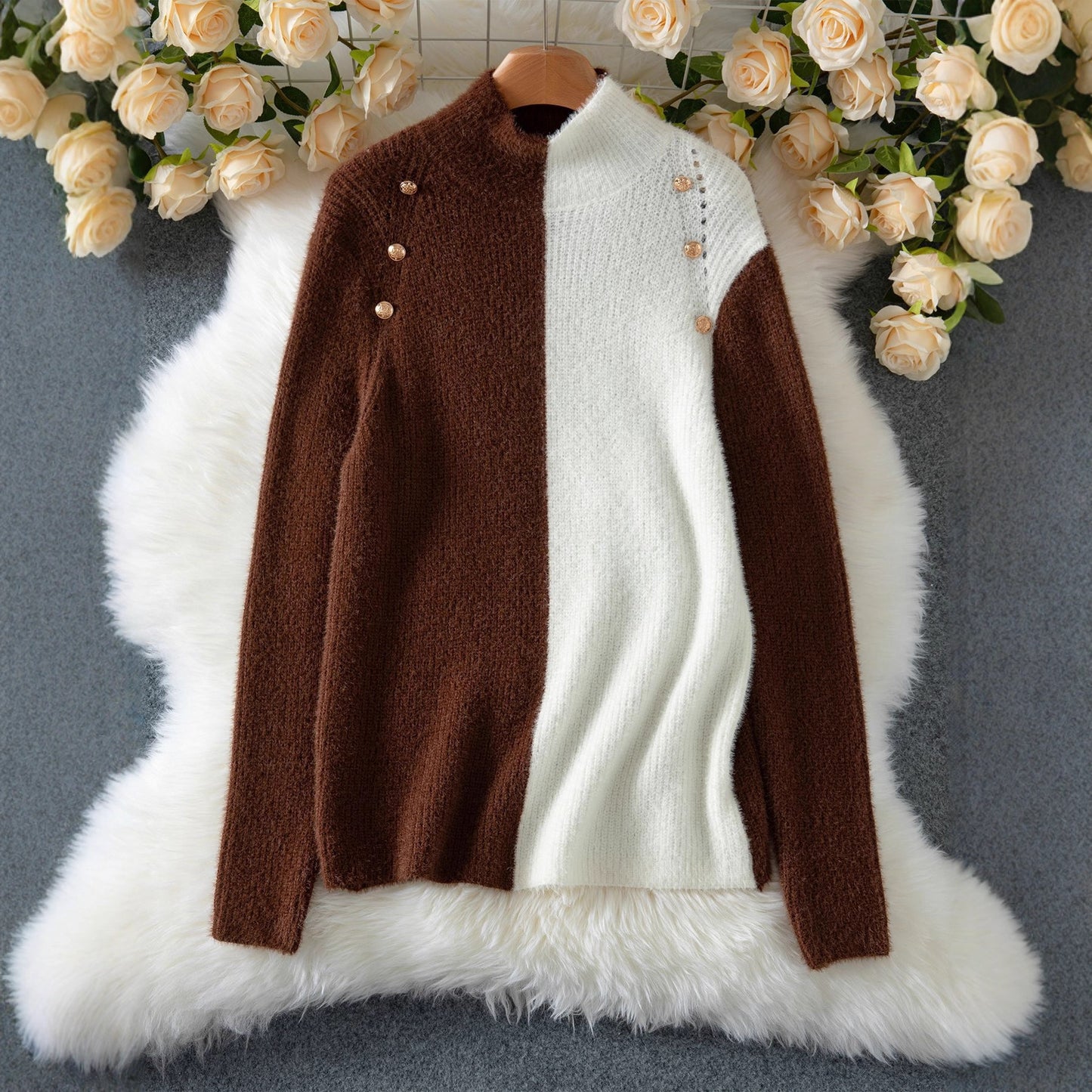 Dual-color Patchwork Button Sweater Turtleneck Pullover Inner Wear Sweater