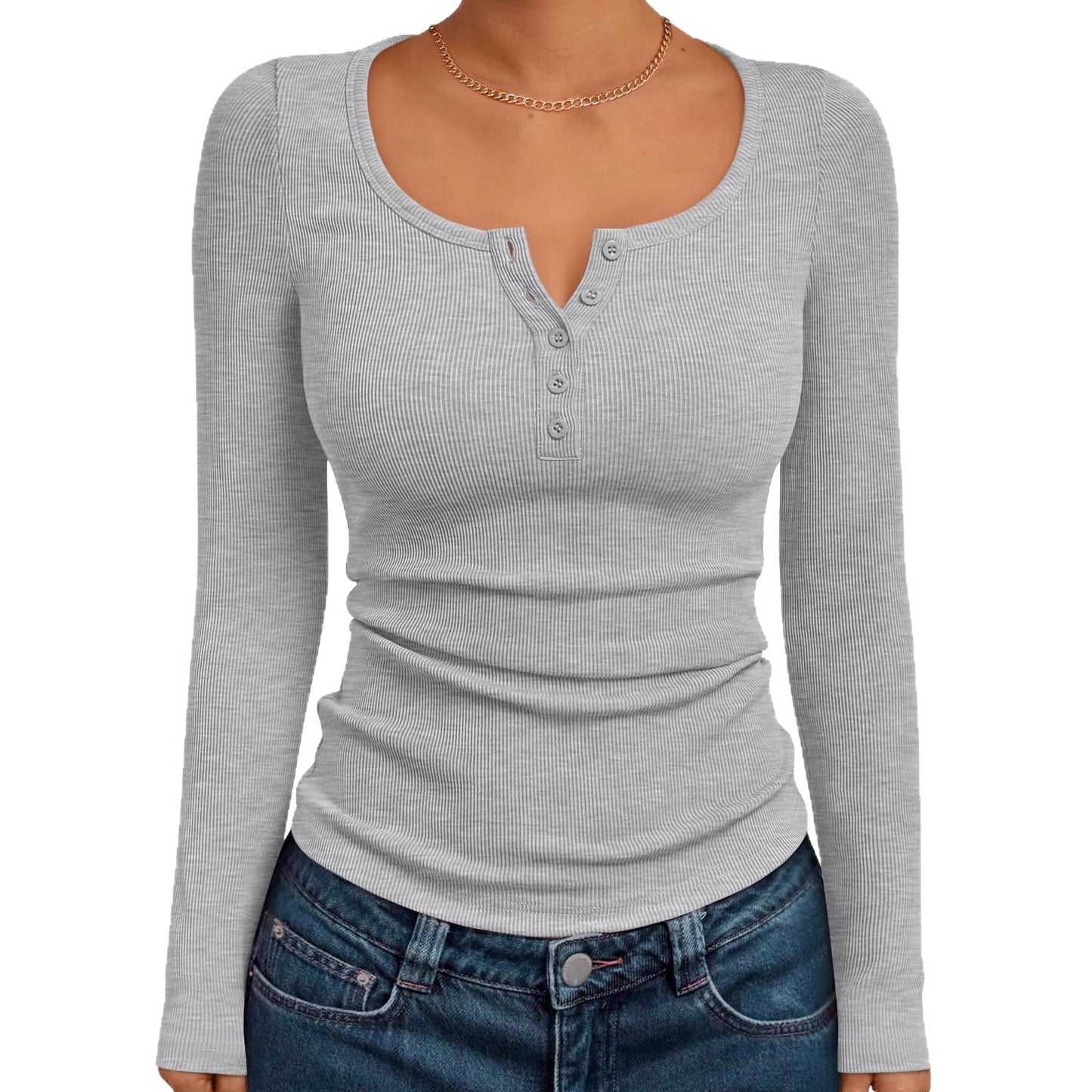 Women's Solid Color Buttons Long-sleeved T-shirt Thread Knitted Top