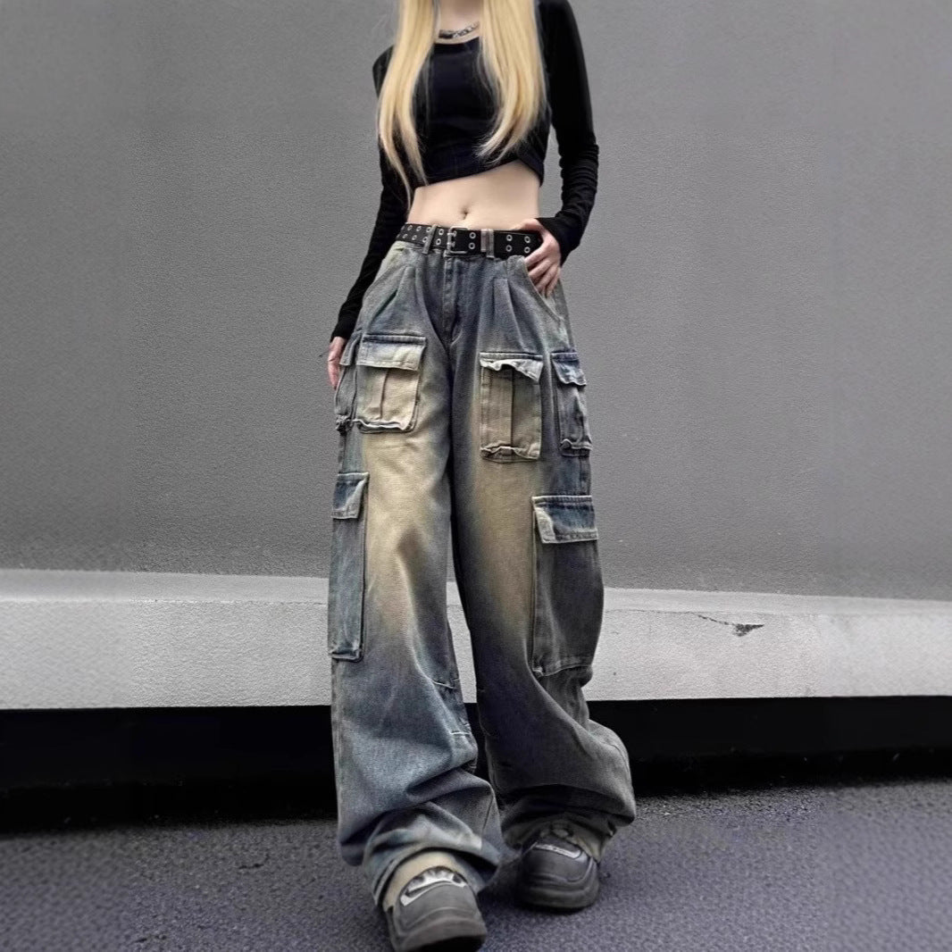 Multi-pocket Loose Multi-pocket Washed Distressed Pants