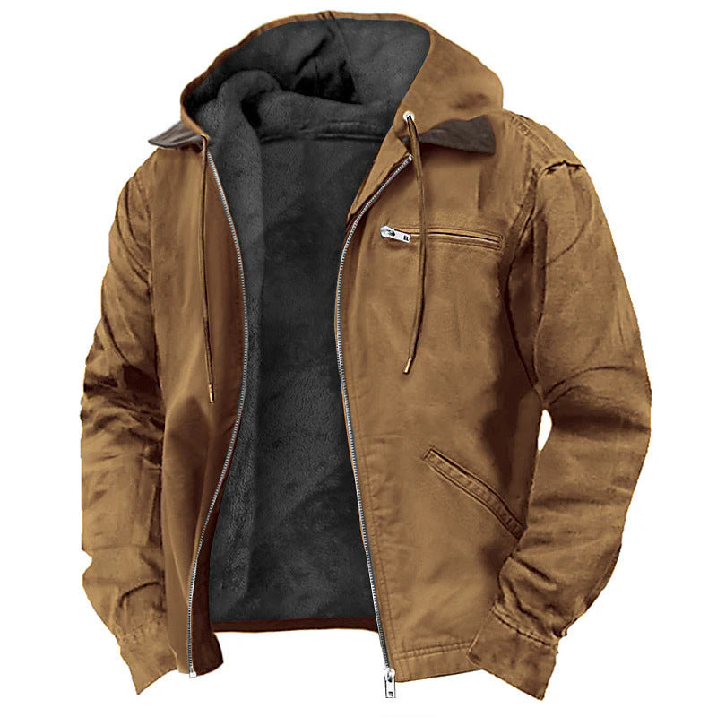 Solid Color Hooded Casual Men's Fleece Zipper Pocket Jacket Coat