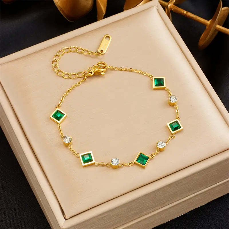 Fashion Gold-plated Titanium Steel Square Emerald Inlaid Rhinestone Bracelet