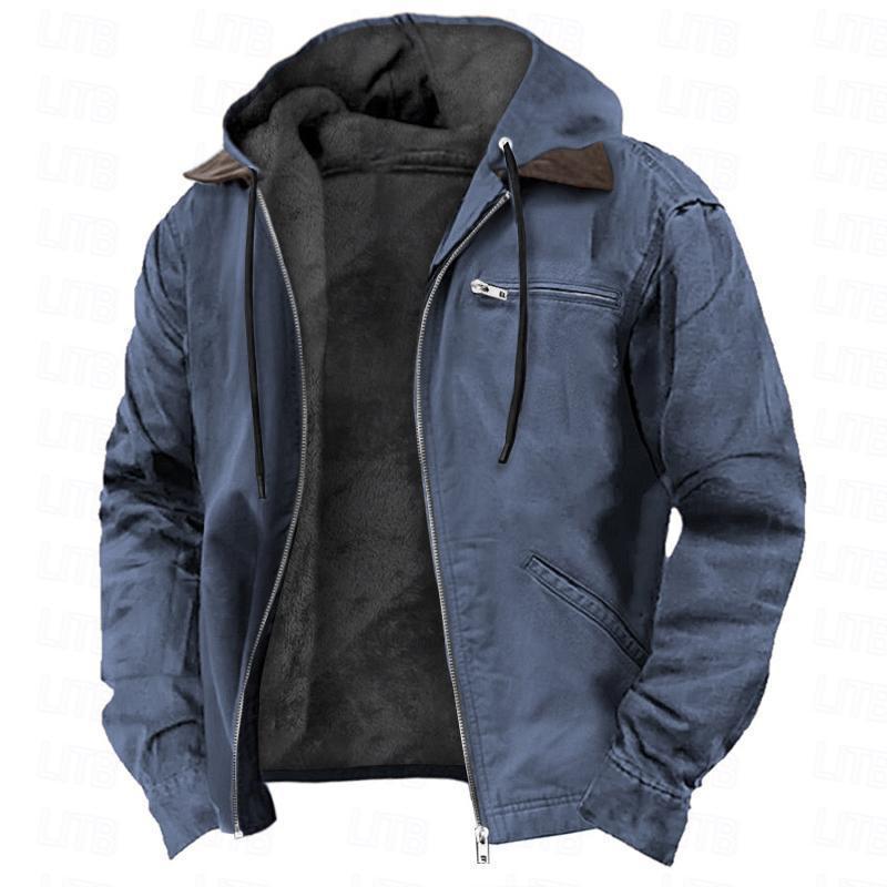 Solid Color Hooded Casual Men's Fleece Zipper Pocket Jacket Coat