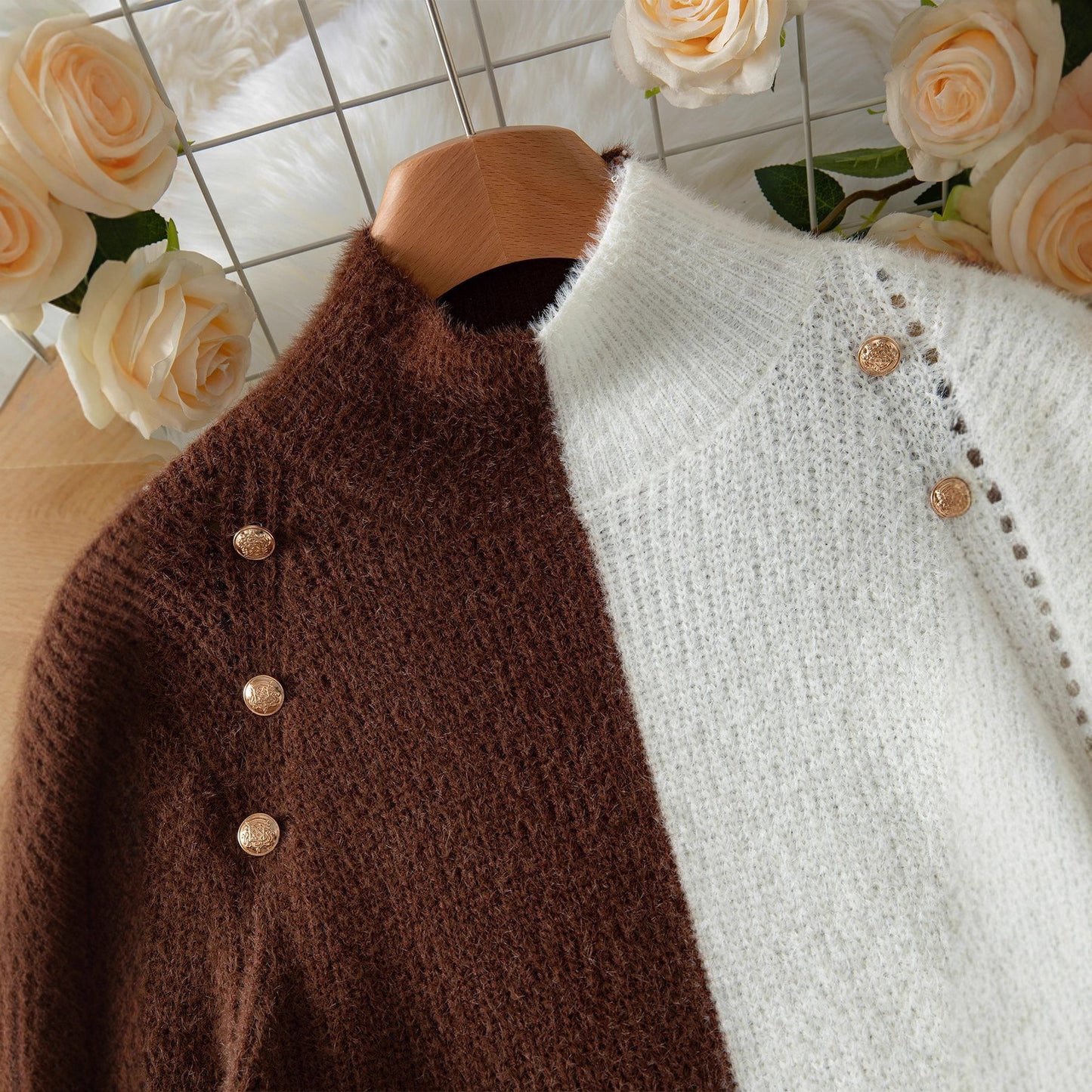 Dual-color Patchwork Button Sweater Turtleneck Pullover Inner Wear Sweater