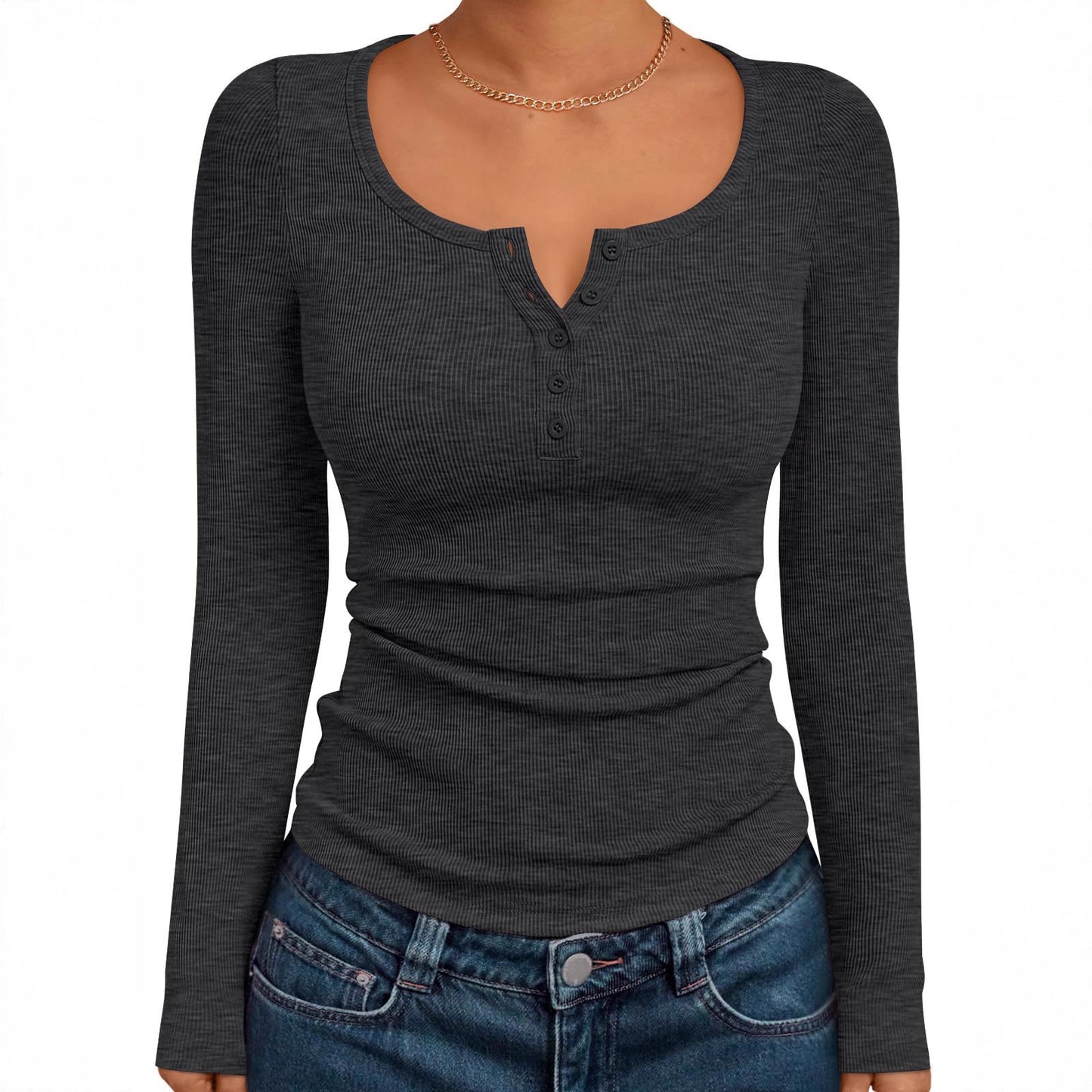 Women's Solid Color Buttons Long-sleeved T-shirt Thread Knitted Top