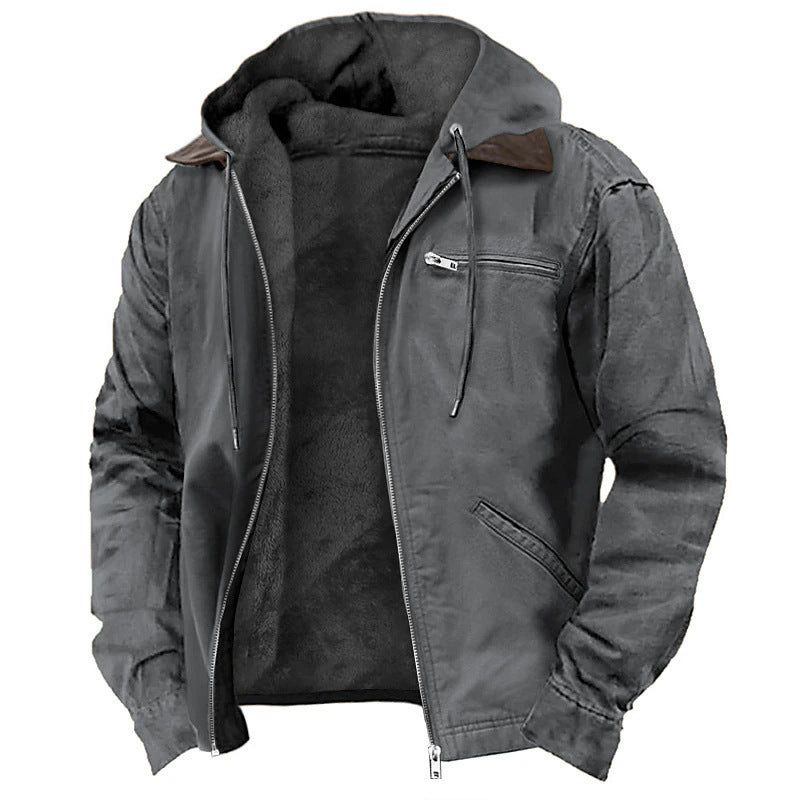 Solid Color Hooded Casual Men's Fleece Zipper Pocket Jacket Coat
