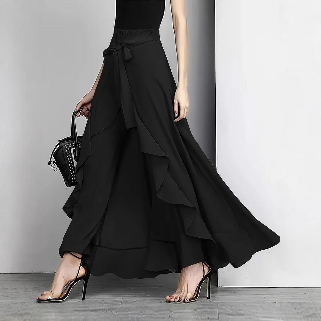 Wear High Waist Wide Leg Pants Wide Hem Ruffled Long Culottes