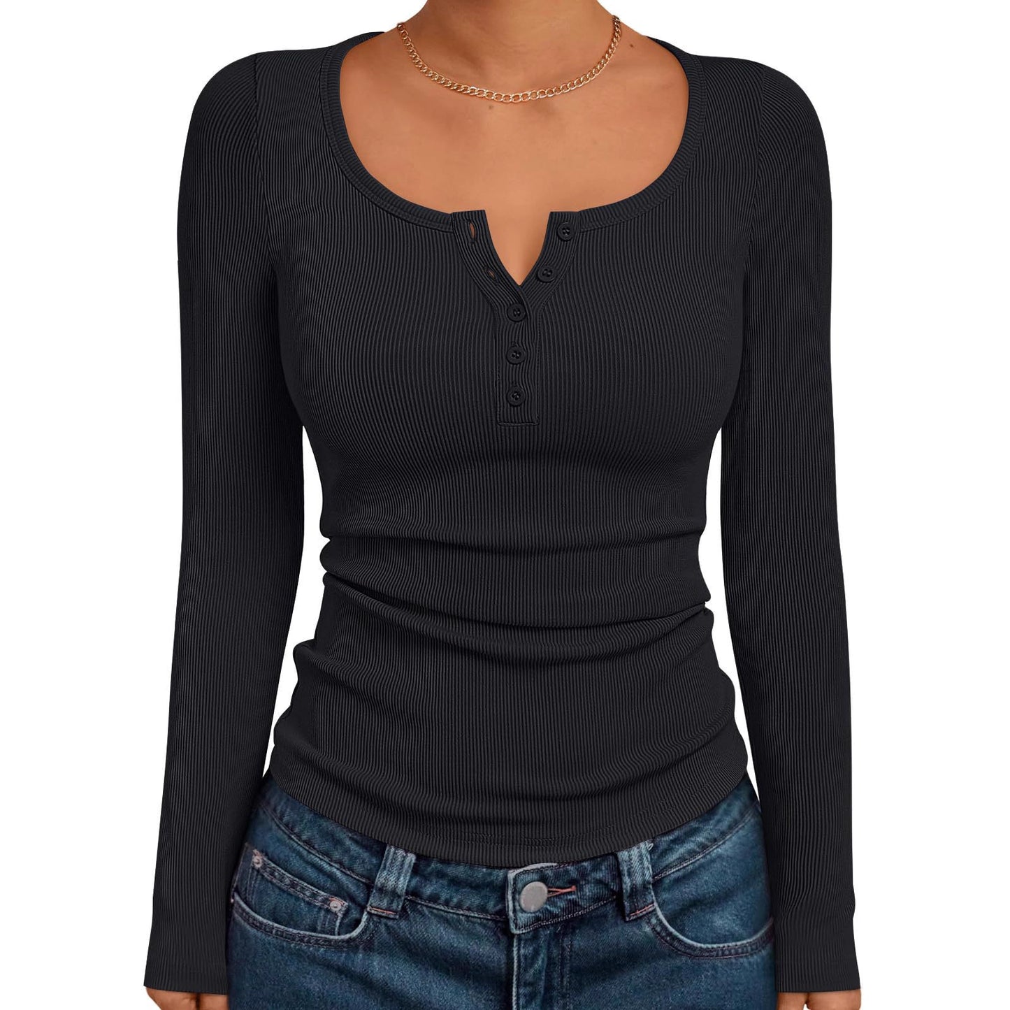 Women's Solid Color Buttons Long-sleeved T-shirt Thread Knitted Top
