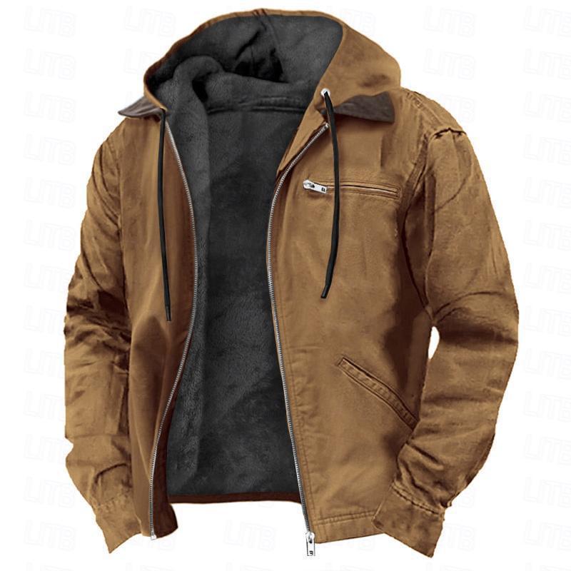 Solid Color Hooded Casual Men's Fleece Zipper Pocket Jacket Coat