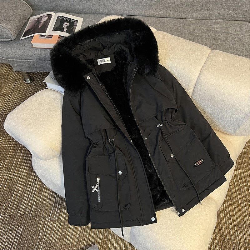 Fur Collar Fashionable All-matching Jacket Hooded Warm Cotton-padded Coat