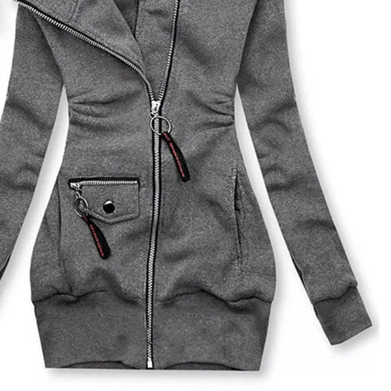 Women's Solid Color Long Sleeve Zip-Front Drawstring Hooded Jacket With Pockets Slim Fit Pleated Detail Top For Spring&Fall