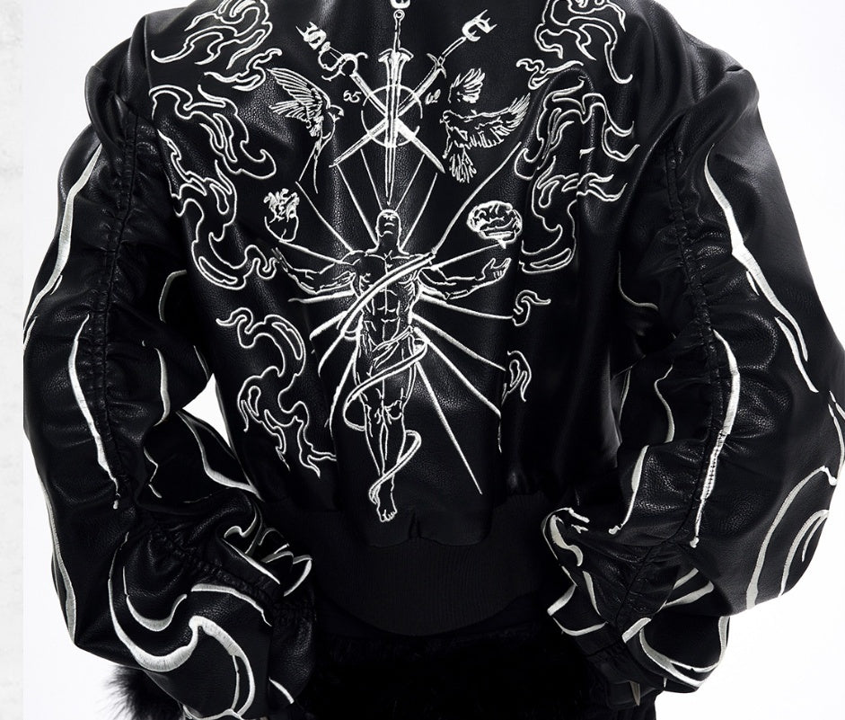 Design Back Embroidery Short Leather Coat