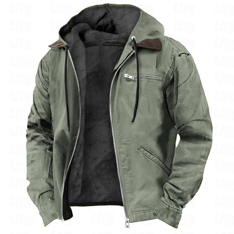 Solid Color Hooded Casual Men's Fleece Zipper Pocket Jacket Coat