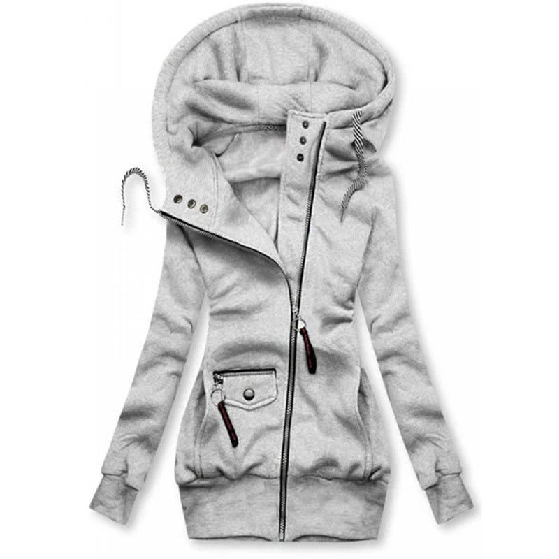 Women's Solid Color Long Sleeve Zip-Front Drawstring Hooded Jacket With Pockets Slim Fit Pleated Detail Top For Spring&Fall