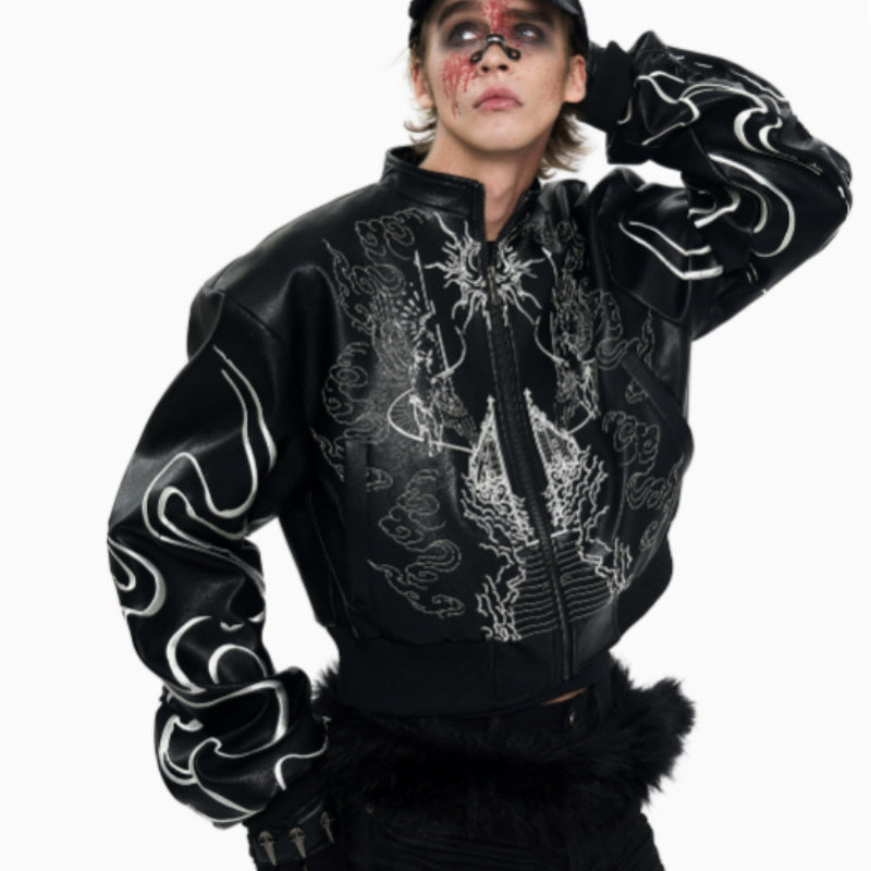 Design Back Embroidery Short Leather Coat