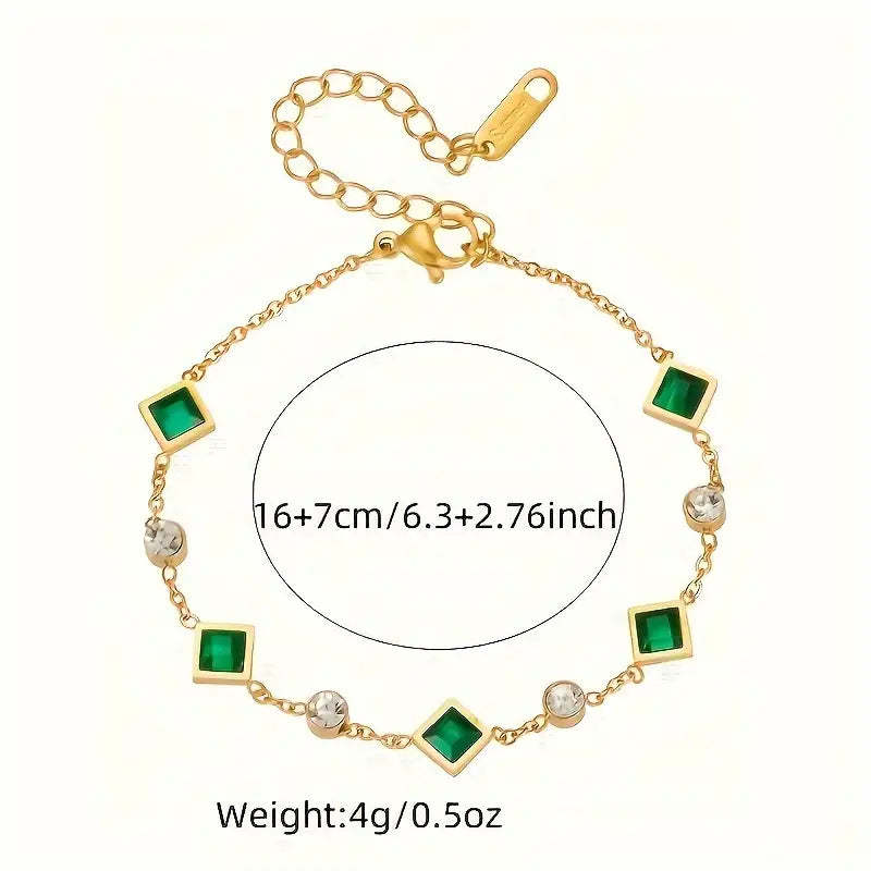 Fashion Gold-plated Titanium Steel Square Emerald Inlaid Rhinestone Bracelet